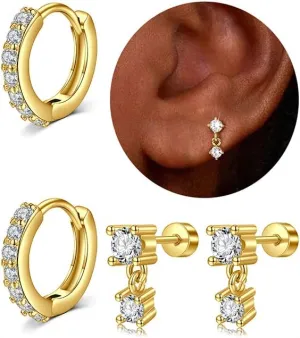 QWALIT Gold Earrings for Women Flat Back Hypoallergenic Screw Back Cartilage Earrings for Women Surgical Steel Small Hoop Earring Gold Plated Helix Jewelry Second Hole Earring Set