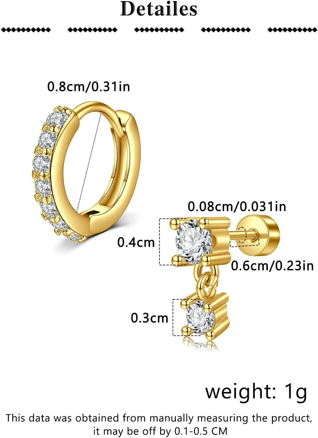 QWALIT Gold Earrings for Women Flat Back Hypoallergenic Screw Back Cartilage Earrings for Women Surgical Steel Small Hoop Earring Gold Plated Helix Jewelry Second Hole Earring Set