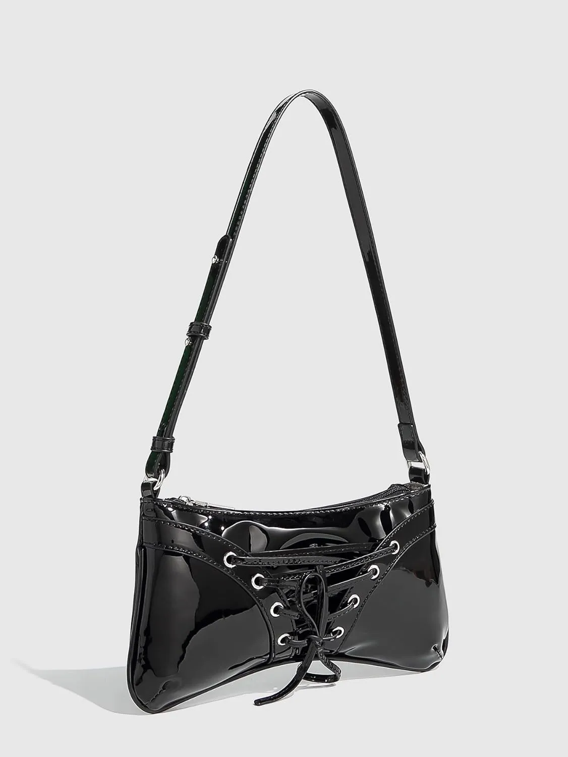 QWINEE Women's Bow Shoulder Bag Patent Leather Underarm Bag Lace Up Handbag Y2K Purse Clutch