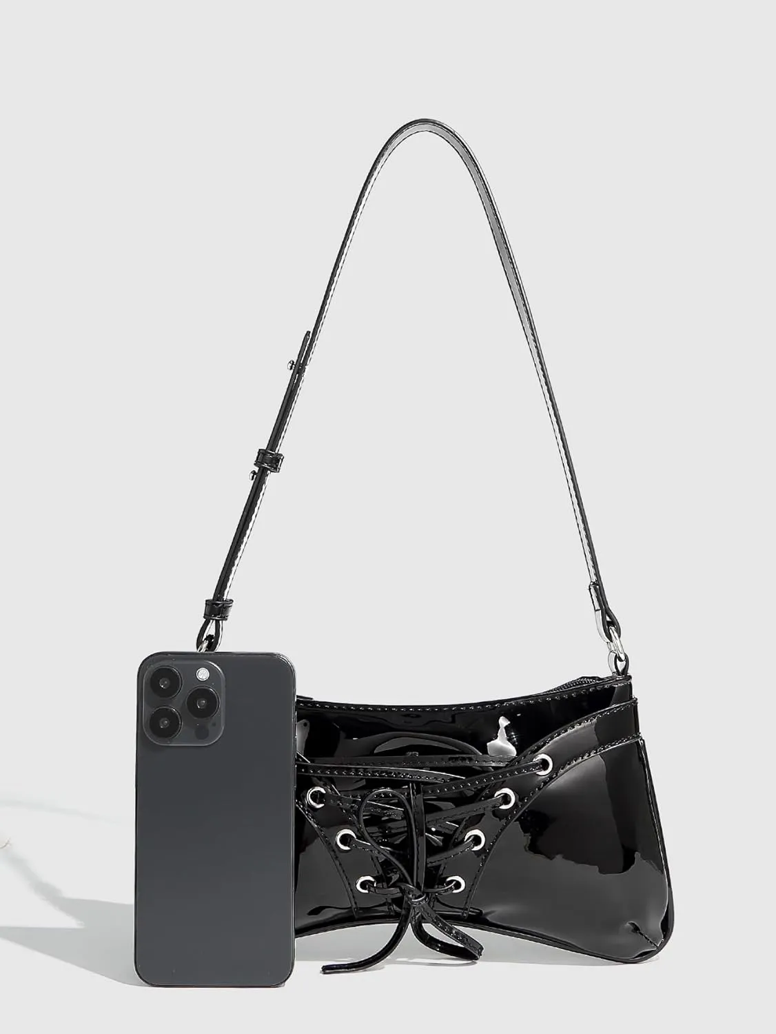 QWINEE Women's Bow Shoulder Bag Patent Leather Underarm Bag Lace Up Handbag Y2K Purse Clutch