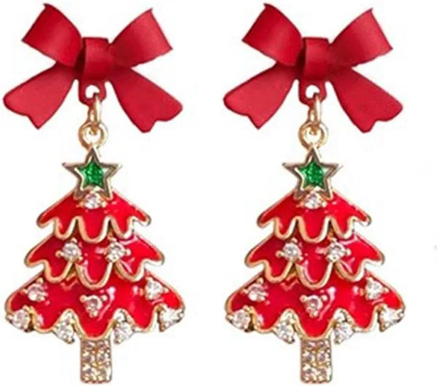 Red Christmas Tree Earrings for Women Bow Christmas Tree Studs Earrings Christmas Hoop Huggie Earrings Holiday Earrings Christmas Jewelry