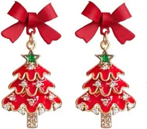 Red Christmas Tree Earrings for Women Bow Christmas Tree Studs Earrings Christmas Hoop Huggie Earrings Holiday Earrings Christmas Jewelry