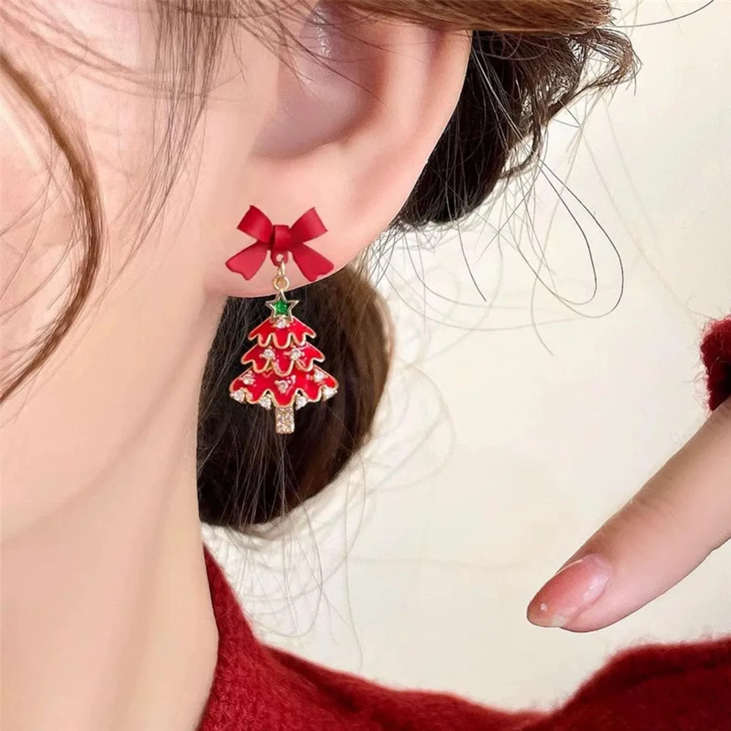 Red Christmas Tree Earrings for Women Bow Christmas Tree Studs Earrings Christmas Hoop Huggie Earrings Holiday Earrings Christmas Jewelry