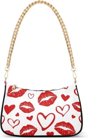 Red Hearts and Lipstick Female Prints Shoulder Handbags for Women Travel Hobo Tote Handbag Women Gold Chain Shoulder Bags Purse with Zipper Closure