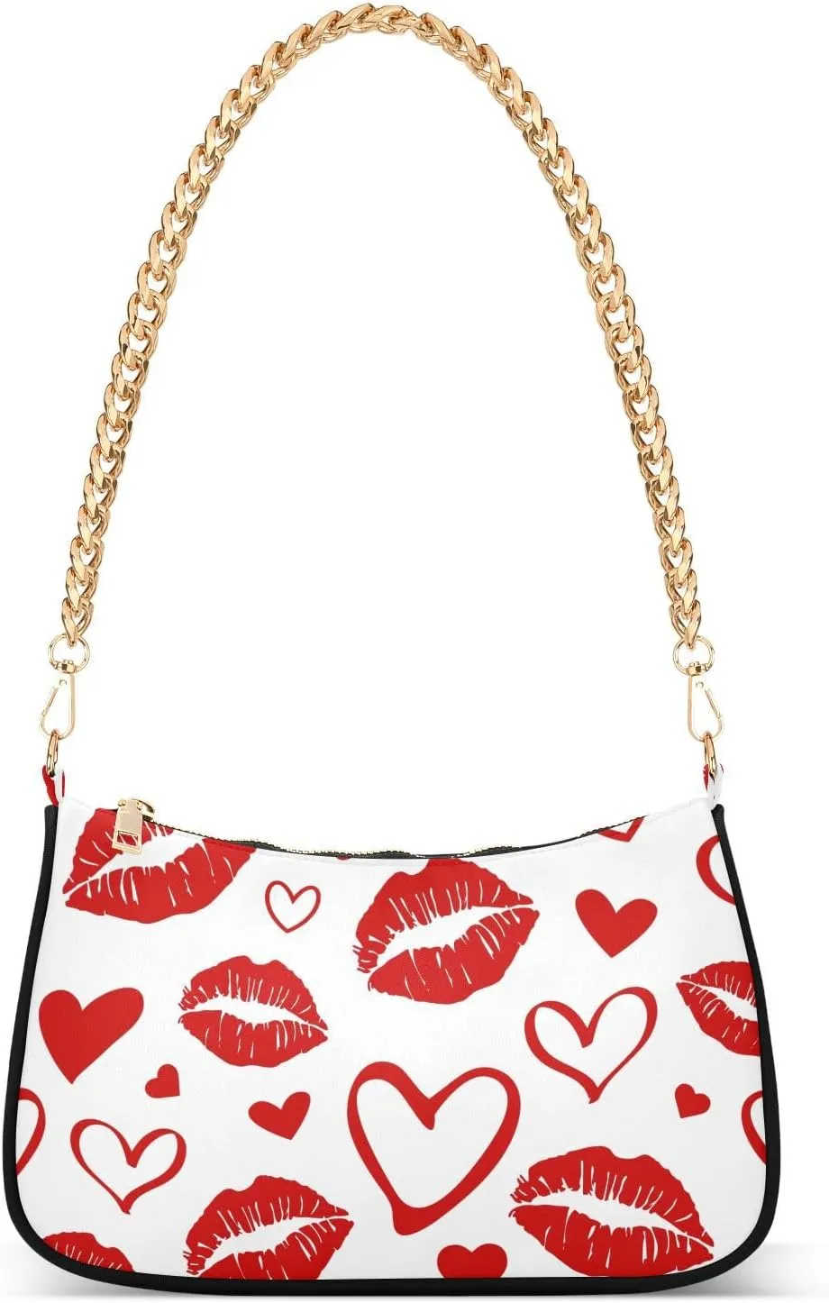 Red Hearts and Lipstick Female Prints Shoulder Handbags for Women Travel Hobo Tote Handbag Women Gold Chain Shoulder Bags Purse with Zipper Closure