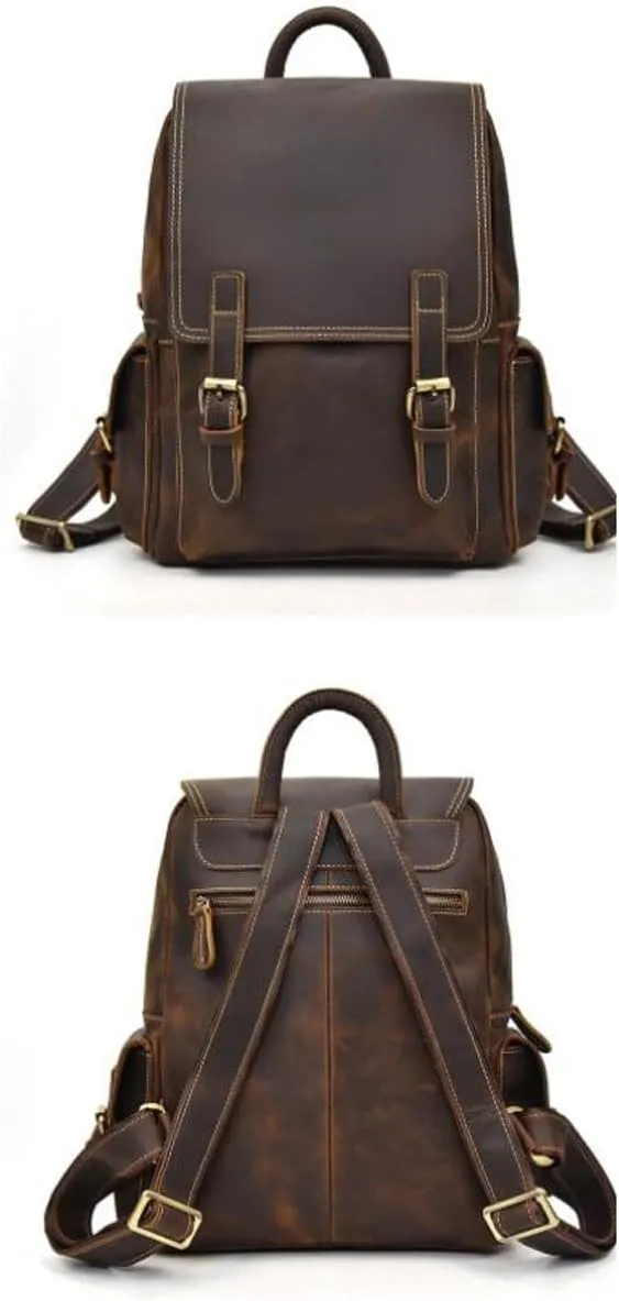 Retro Backpacks Mens Genuine Leather Laptop Bags Travel Bags Computers Bags Briefcases Casual Daypack 14.5Inch
