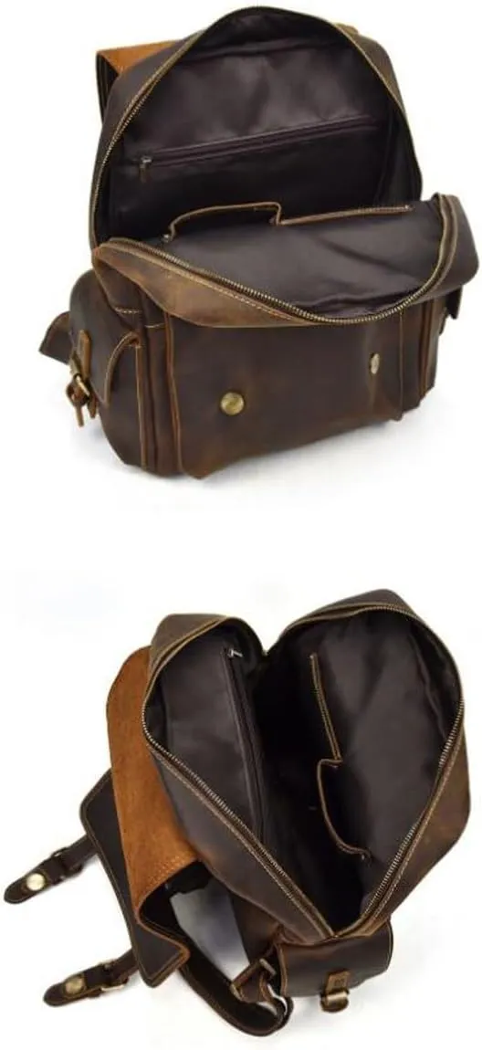 Retro Backpacks Mens Genuine Leather Laptop Bags Travel Bags Computers Bags Briefcases Casual Daypack 14.5Inch