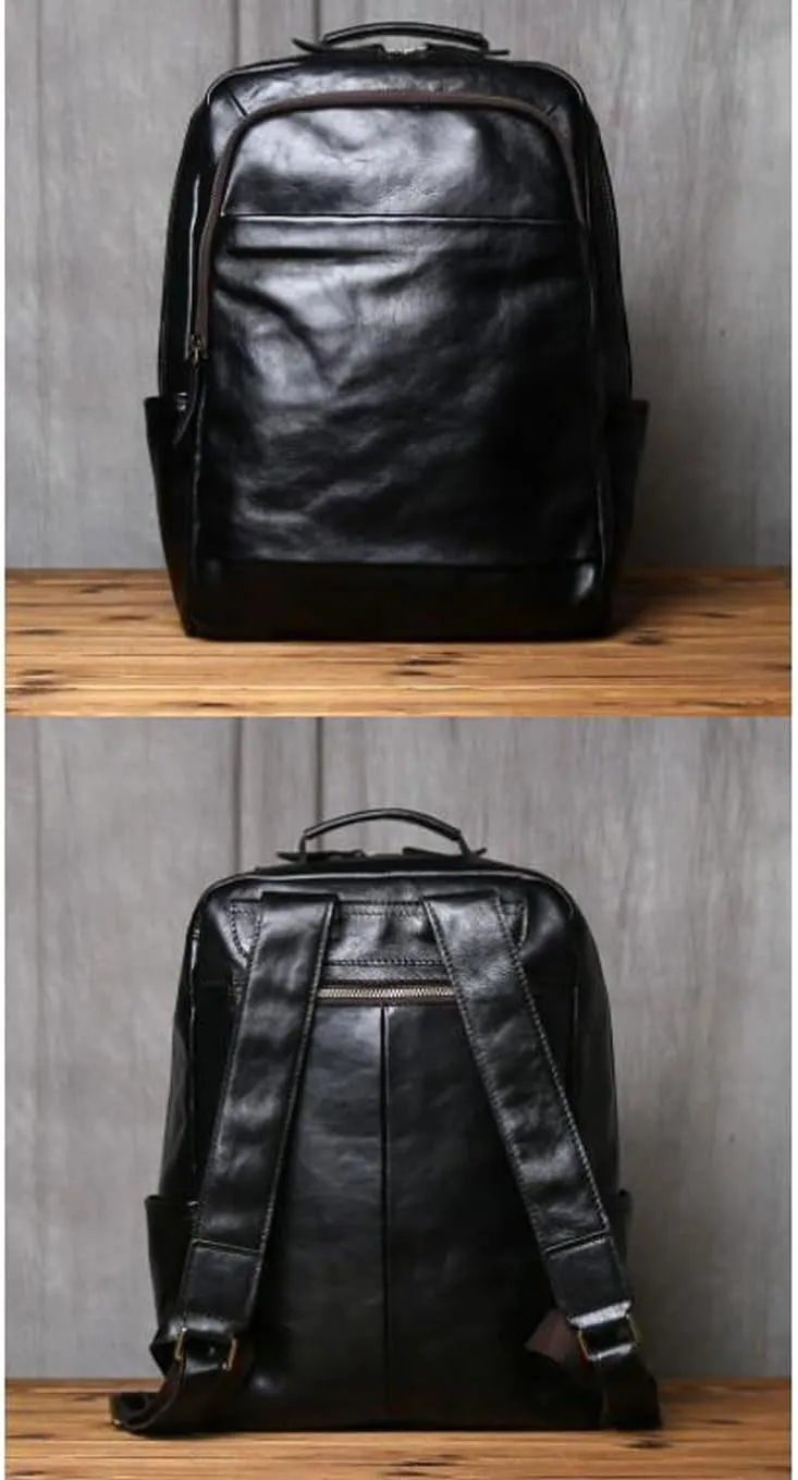 Retro Mens Backpacks Genuine Leather Laptop Bags Briefcases Computers Bags Luggage Bags Casual Daypack 16.1Inch(Black)