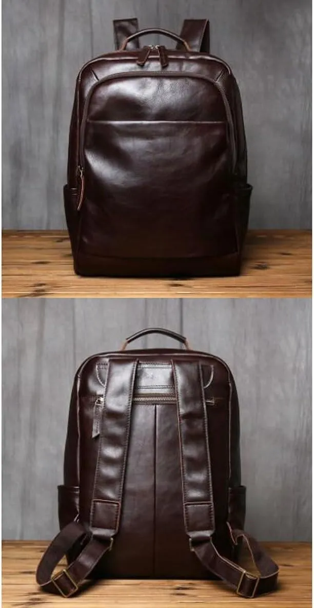 Retro Mens Backpacks Genuine Leather Laptop Bags Briefcases Computers Bags Luggage Bags Casual Daypack 16.1Inch(Brown)