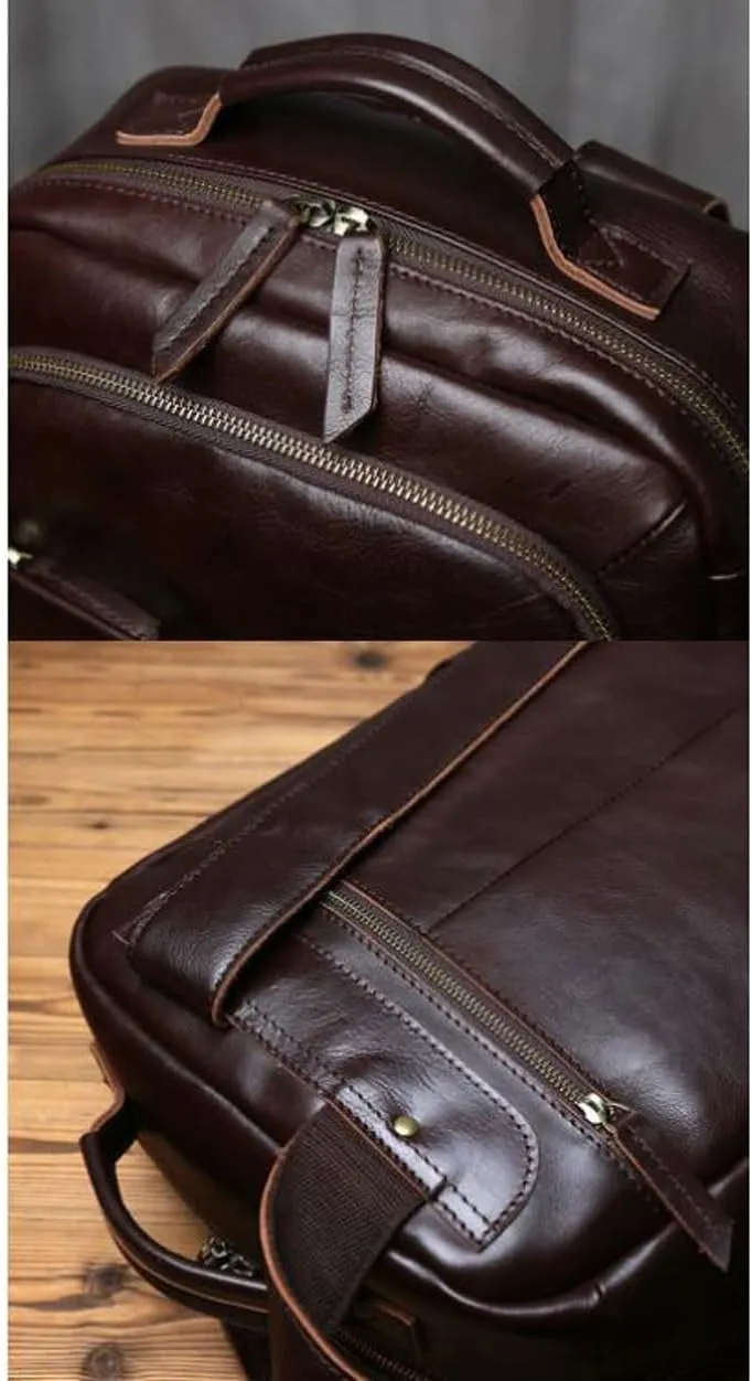 Retro Mens Backpacks Genuine Leather Laptop Bags Briefcases Computers Bags Luggage Bags Casual Daypack 16.1Inch(Brown)
