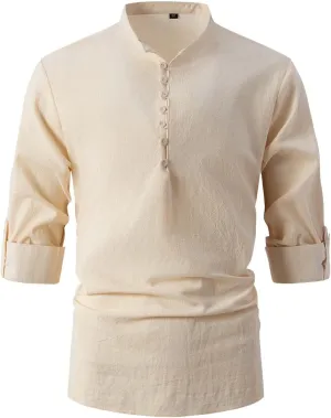 Roll Up Sleeve Shirt for Men Combat Lightweight Solid Causal Travel Tops Cotton Linen Regular Fit Fashion Half Button Shirts