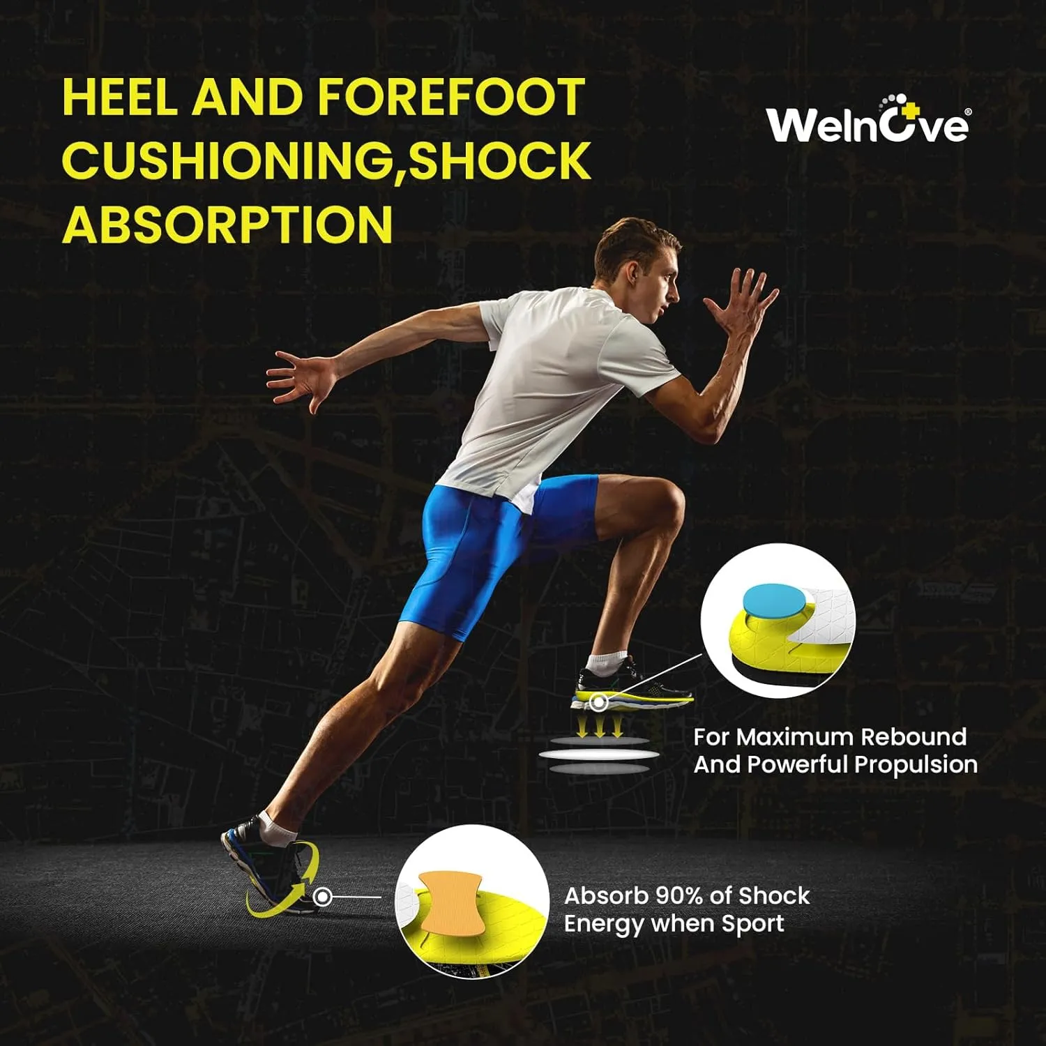 Running Sports Insoles Plantar Fasciitis - Welnove Athletic Inserts Arch Support for Flat Feet - Shock Absorption Insoles Foot Pain Fatigue Relief, Enhance Performance, Fit Most Shoes, Men Women (L)
