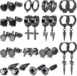 Sanfenly Mens Earrings Set, Stainless Steel Hoop Stud Huggie Earrings for Men, Silver Black Cross Spike Dagger Lightning Bolt Drop Dangle Piercing Earrings