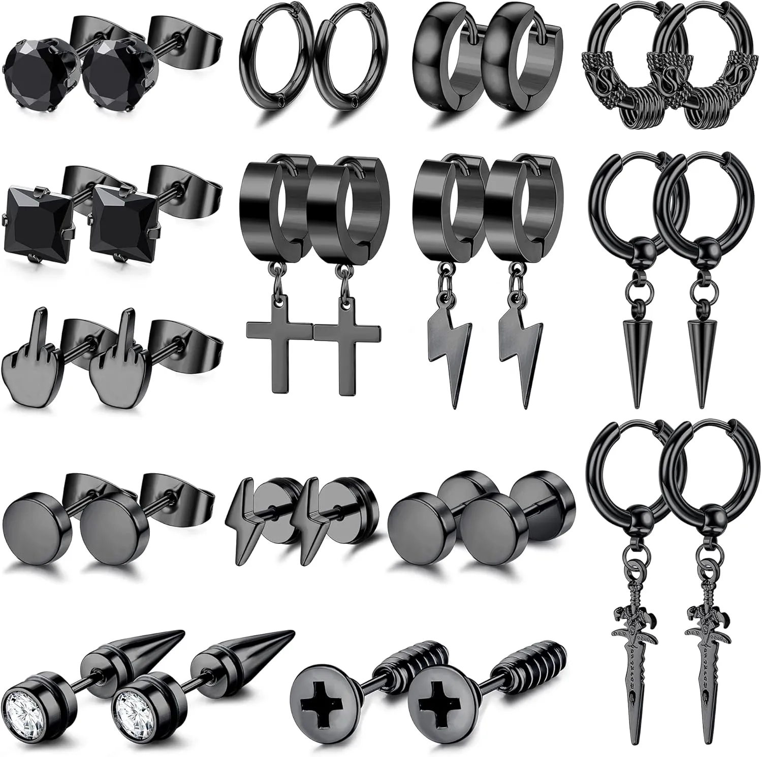 Sanfenly Mens Earrings Set, Stainless Steel Hoop Stud Huggie Earrings for Men, Silver Black Cross Spike Dagger Lightning Bolt Drop Dangle Piercing Earrings