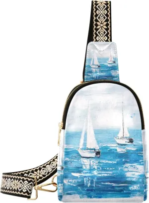 Sea Sailboat Marine Fanny Pack Crossbody PC Leather Small Sling Bag for Women Oil Painting Fashion Waist Packs Chest Bag for Travel Sports Running Hiking