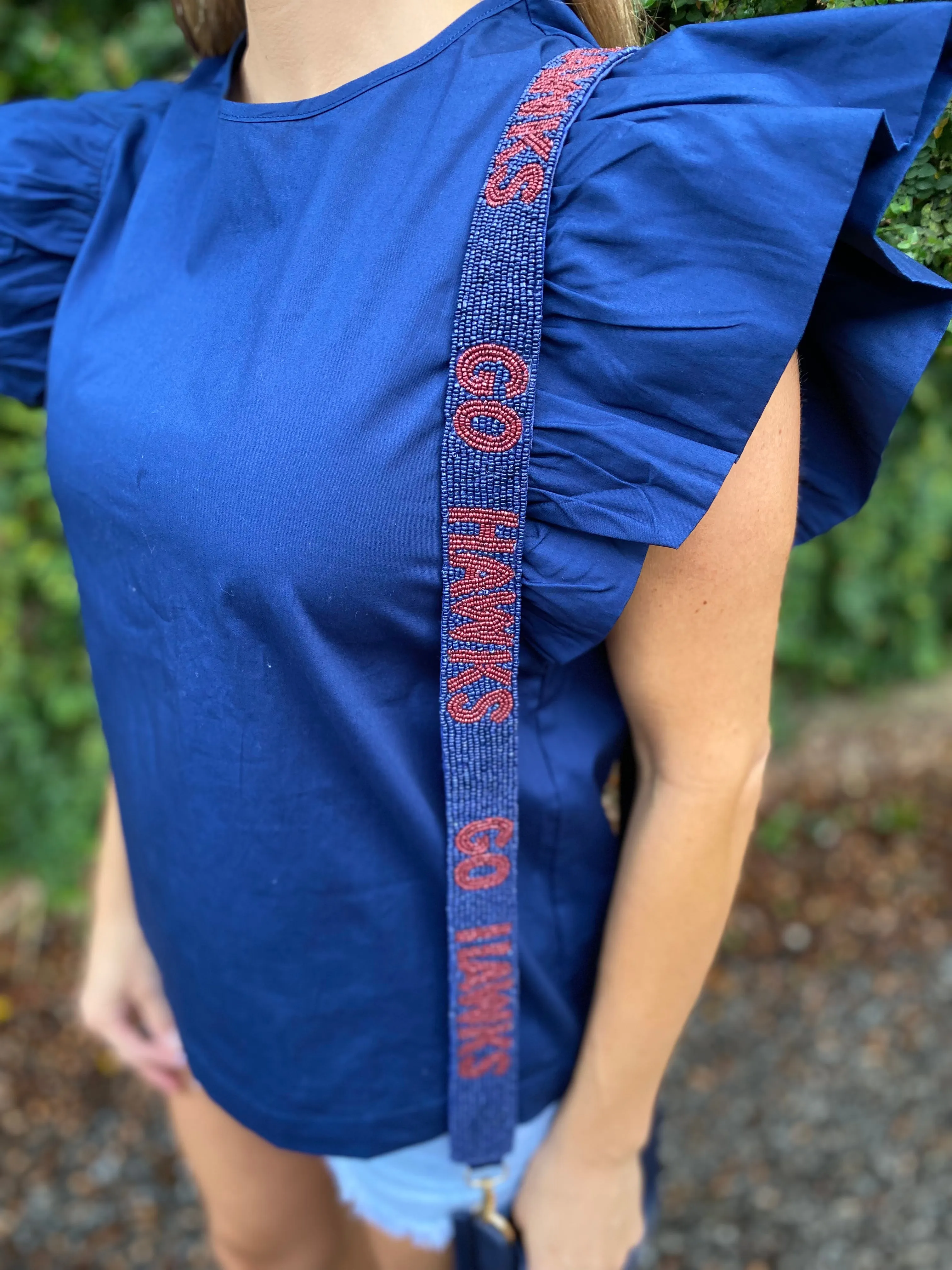 Seed Bead Strap- Go Hawks (Blue w/Red Hawks)