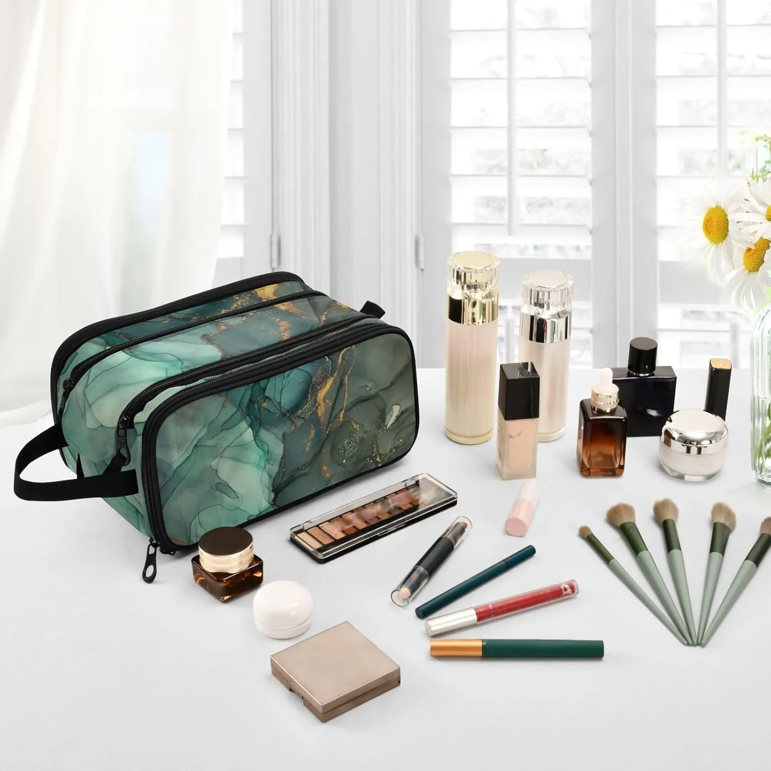 senya Marble Makeup Bag Turquoise Green Marble Large Cosmetic Bag Travel Portable Toiletry Bag Case Organizer for Women Girls