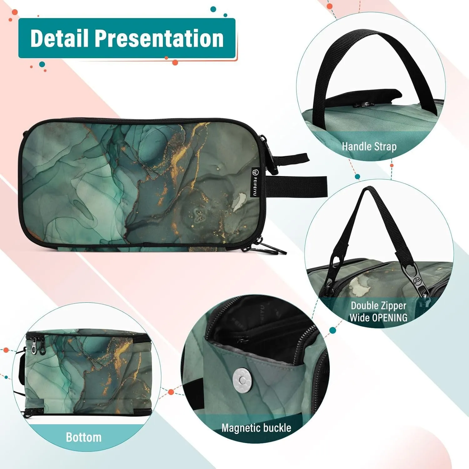 senya Marble Makeup Bag Turquoise Green Marble Large Cosmetic Bag Travel Portable Toiletry Bag Case Organizer for Women Girls