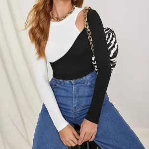 Sexy hit color off-shoulder T-shirt stitching slim top women's bottoming long-sleeved T-shirt