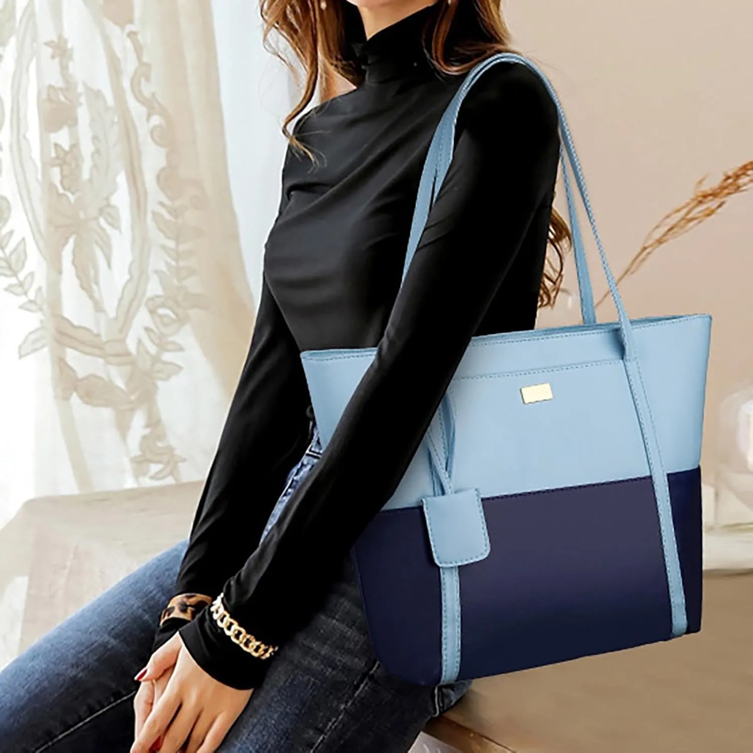 Shoulder Bags for Women Faux Leather Patchwork Large Capacity Tote Bag Simple Laptop Handbags Shopping Work Satchel
