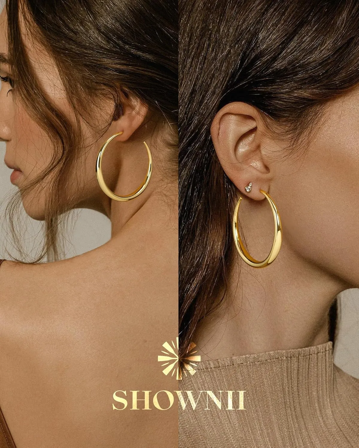 SHOWNII Gold Hoop Earrings for Women Thick Gold Chunky Earrings 18K Real Gold Plated Hoops Tube Hoops Earrings Hypoallergenic Lightweight with 925 Sterling Silver Post