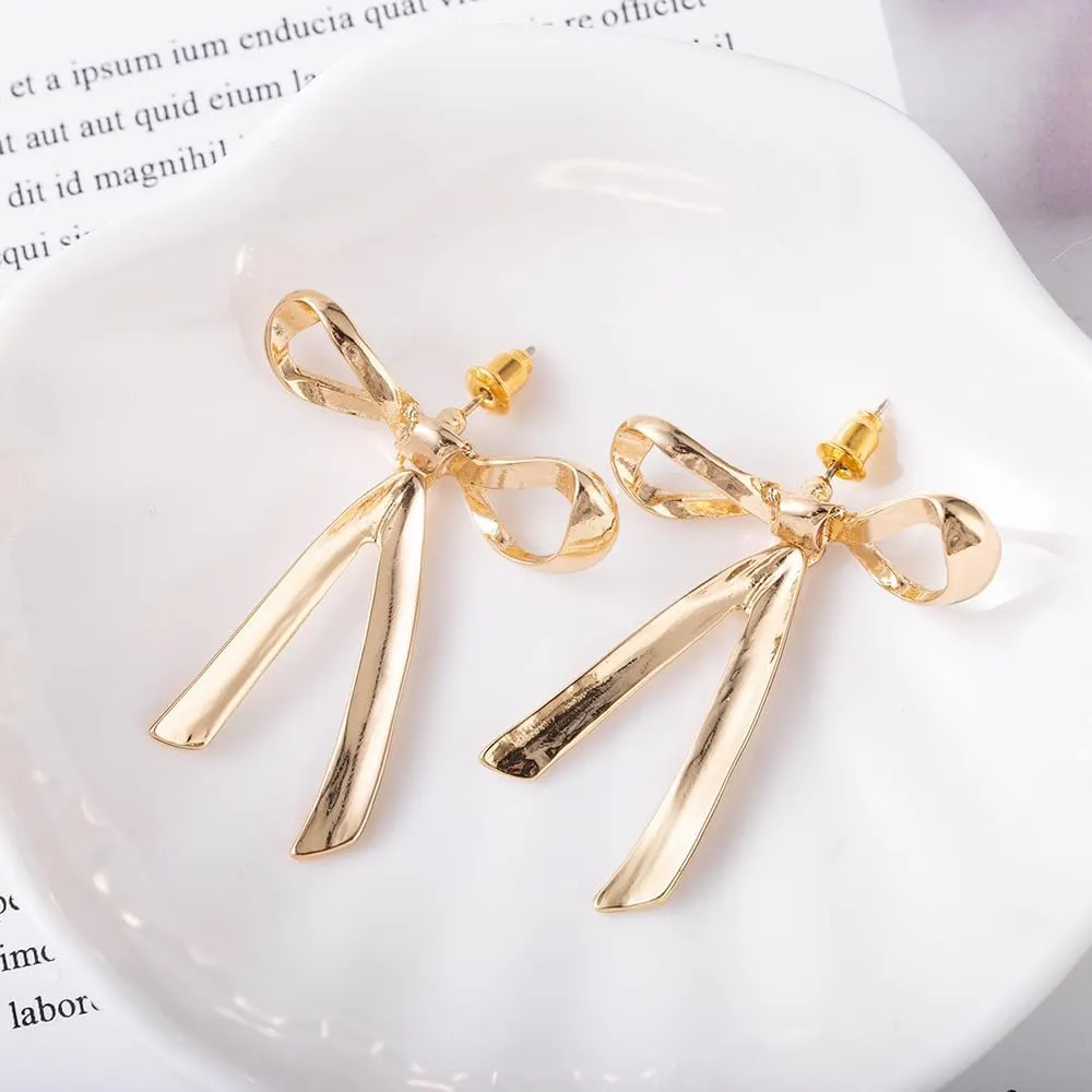 Silver Bow Earrings - Sparkle Long Dangle Rhinestone Drop Bling Gold Bowknot Earrings
