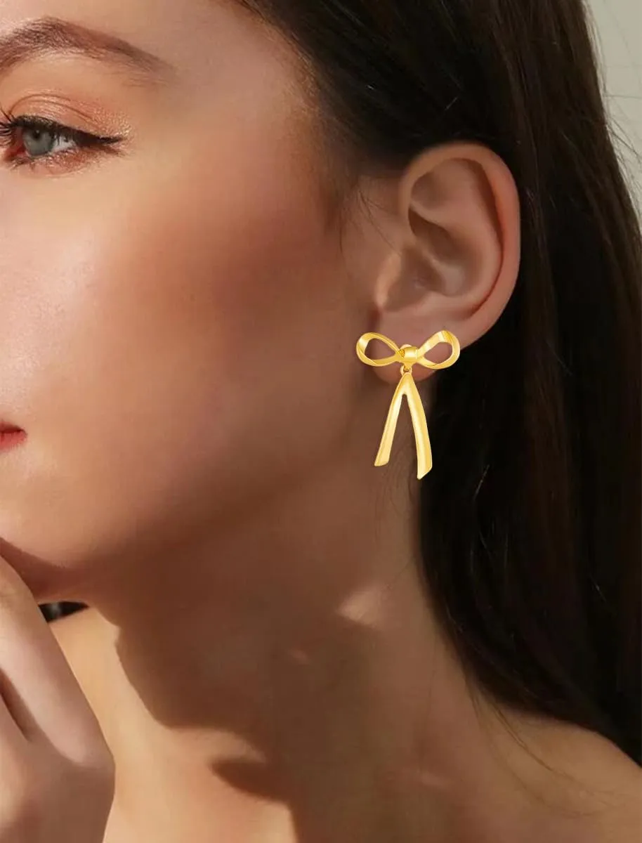 Silver Bow Earrings - Sparkle Long Dangle Rhinestone Drop Bling Gold Bowknot Earrings