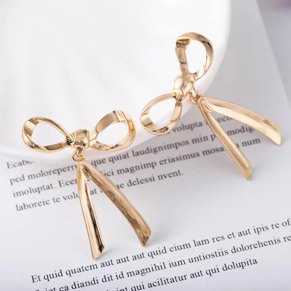 Silver Bow Earrings - Sparkle Long Dangle Rhinestone Drop Bling Gold Bowknot Earrings
