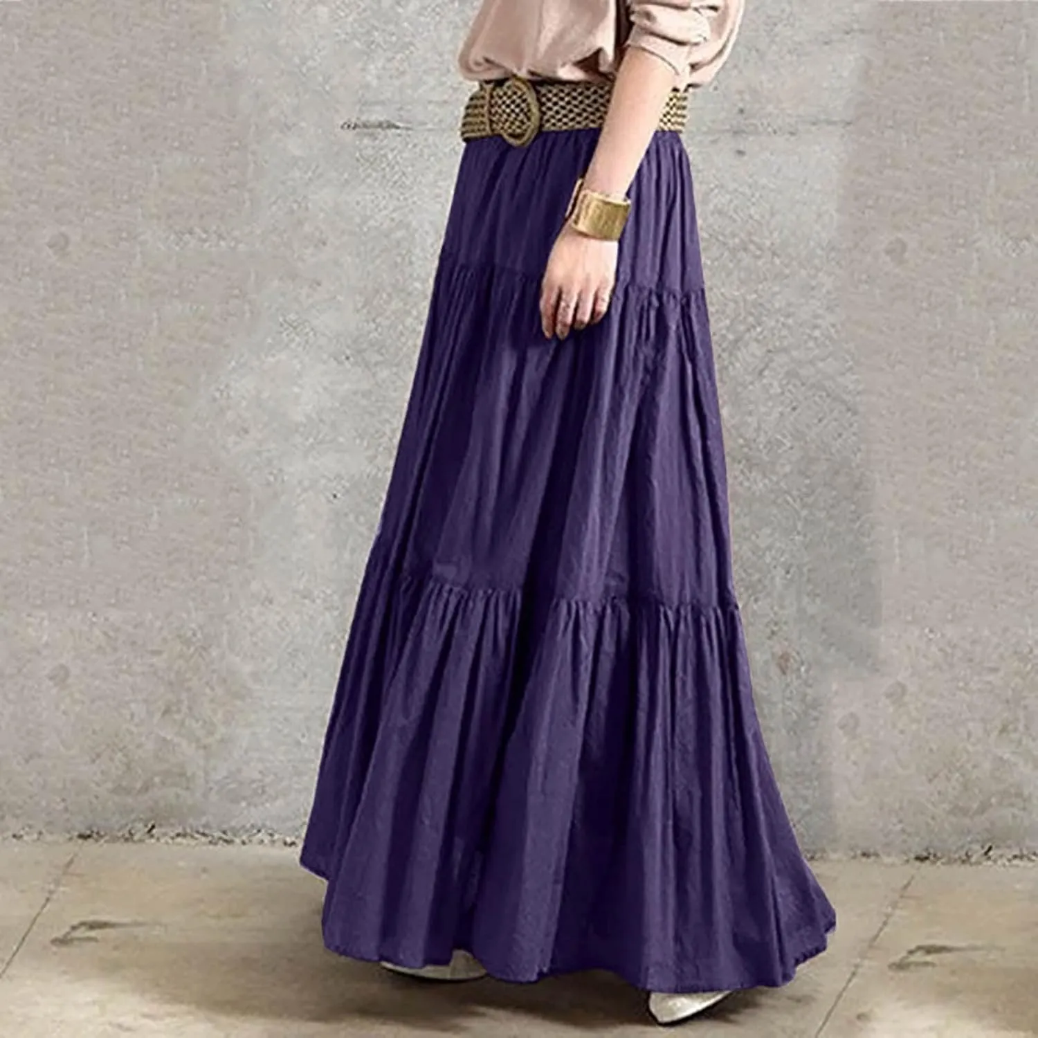 Skirt Women's Spring/Summer Casual High Waist Cotton Linen Solid Pleated Loose Swing Half Flowy Skirt for Women