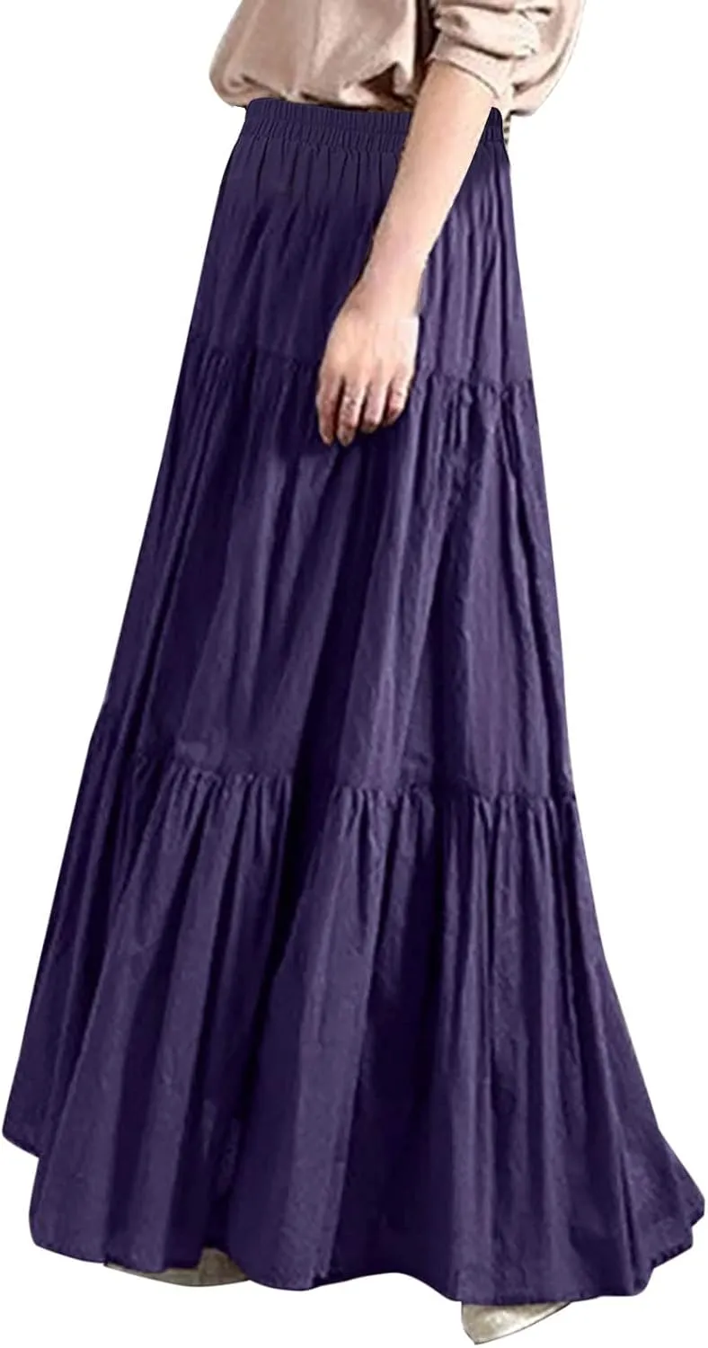 Skirt Women's Spring/Summer Casual High Waist Cotton Linen Solid Pleated Loose Swing Half Flowy Skirt for Women