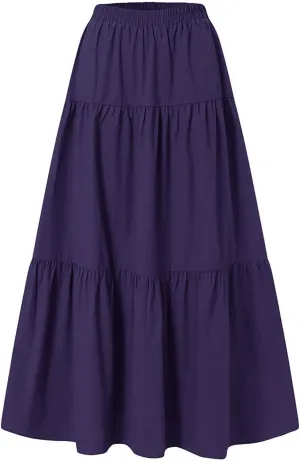 Skirt Women's Spring/Summer Casual High Waist Cotton Linen Solid Pleated Loose Swing Half Flowy Skirt for Women