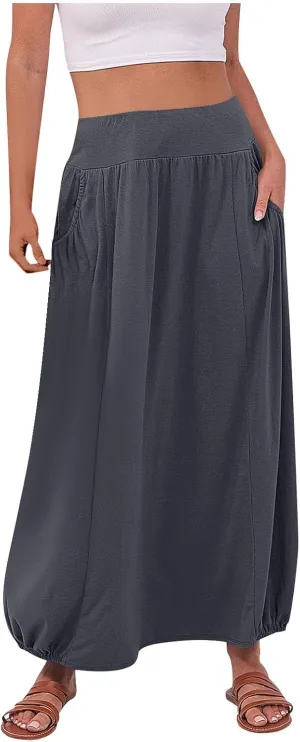 Skirts for Women Summer Boho Maxi Skirt with Pockets Elastic High Waist Casual Bohemian Dresses Spring A Line Dress