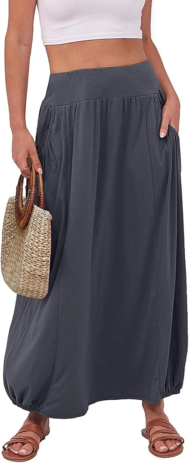 Skirts for Women Summer Boho Maxi Skirt with Pockets Elastic High Waist Casual Bohemian Dresses Spring A Line Dress