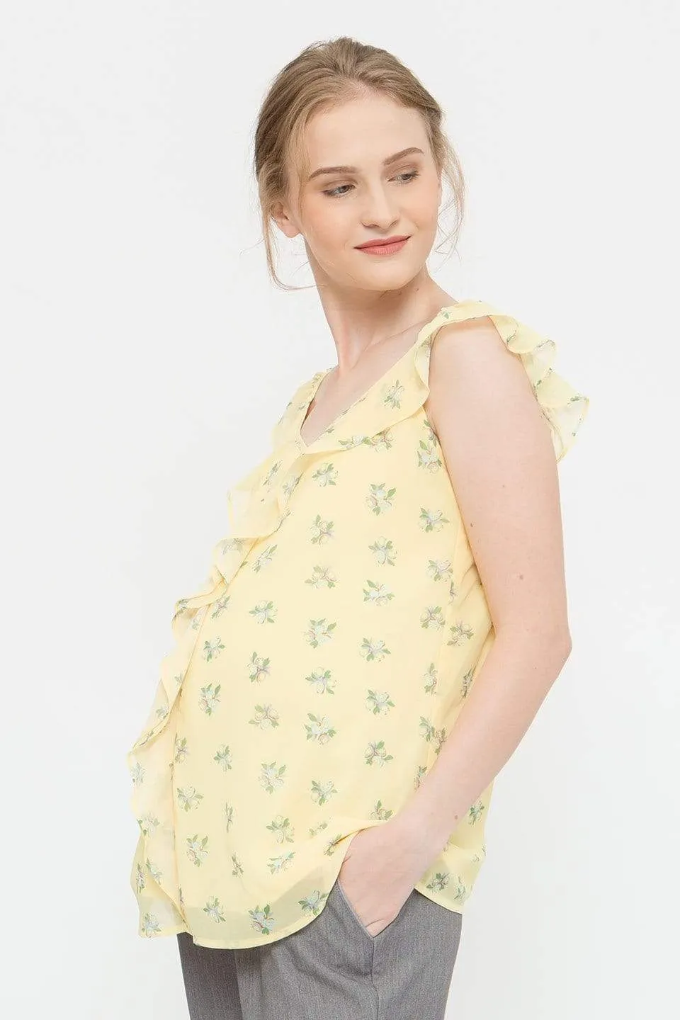 Sleeveless Ruffles Yvette Nursing Top Yellow Prints