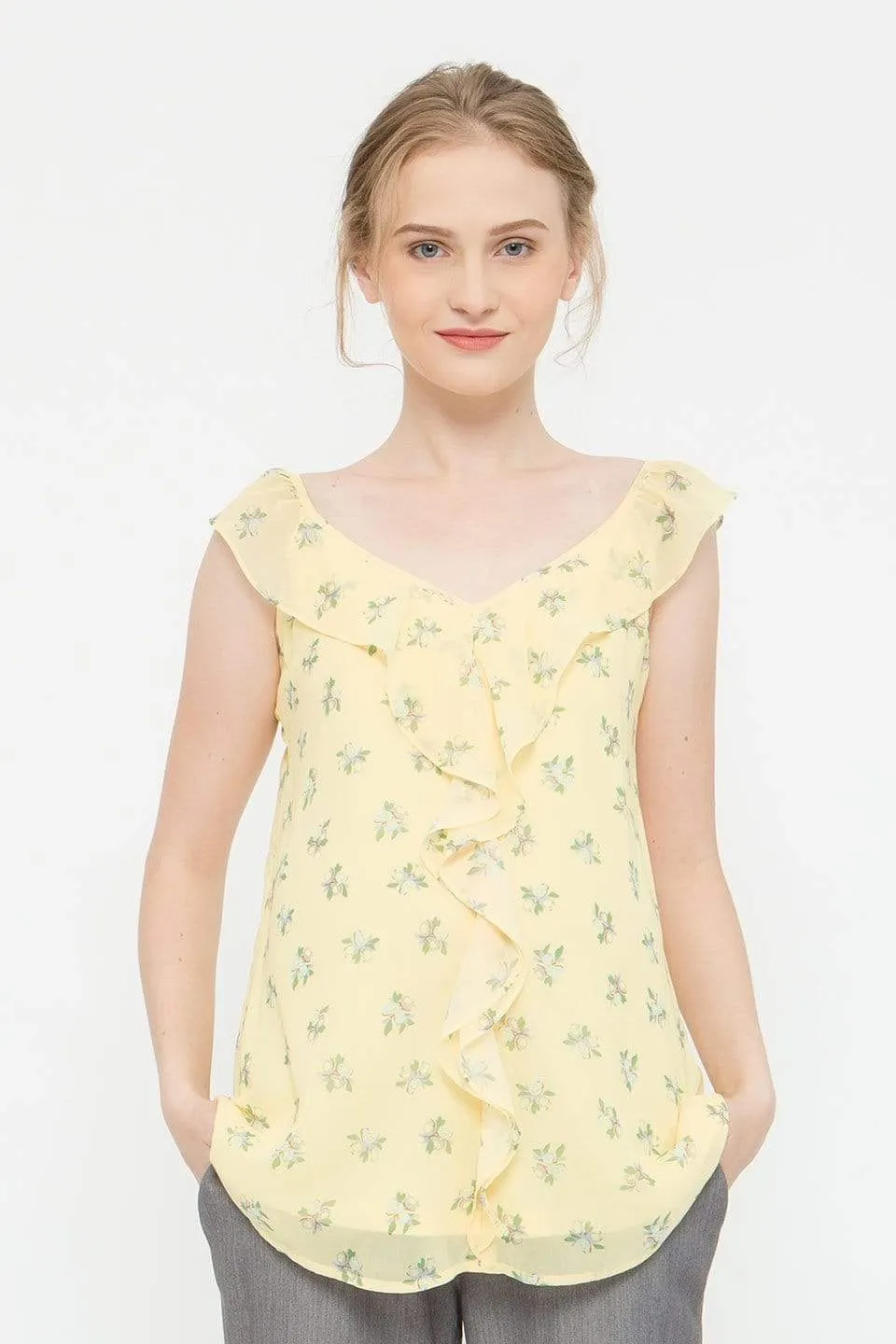 Sleeveless Ruffles Yvette Nursing Top Yellow Prints