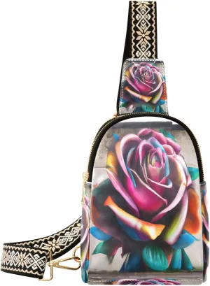 Small Sling Bag Fanny Packs Crossbody Bags for Women Art Valentines Day Rose Leather Fashion Chest Bag Belt Bag for Women for Travel Sports Running Hiking