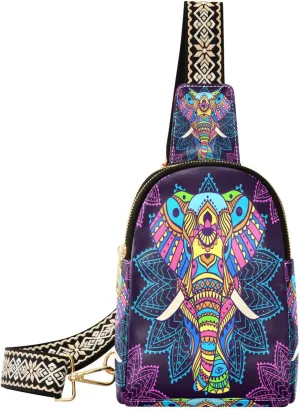Small Sling Bag Fanny Packs Crossbody Bags for Women Boho Colorful Elephant Leather Fashion Chest Bag Belt Bag for Women for Travel Sports Running Hiking