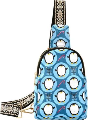 Small Sling Bag Fanny Packs Crossbody Bags for Women Cute Penguin Candy Cane Leather Fashion Chest Bag Belt Bag for Women for Travel Sports Running Hiking