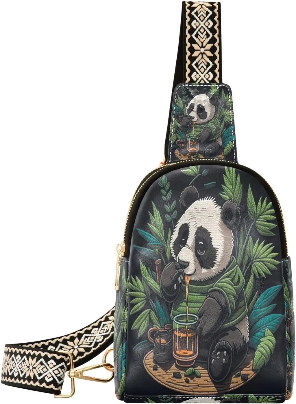 Small Sling Bag Fanny Packs Crossbody Bags for Women Embroidery Happy Panda Leather Fashion Chest Bag Belt Bag for Women for Travel Sports Running Hiking