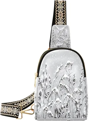 Small Sling Bag Fanny Packs Crossbody Bags for Women Snow Covered Meadow Plants Leather Fashion Chest Bag Belt Bag for Women for Travel Sports Running Hiking