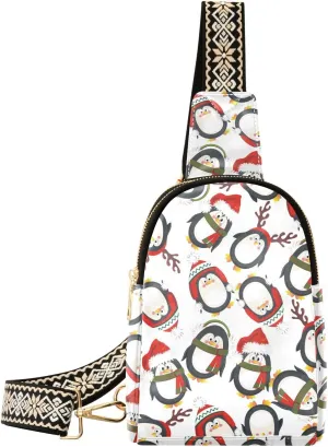 Small Sling Bag Fanny Packs Crossbody Bags for Women Winter Christmas Penguins Pattern Leather Fashion Chest Bag Belt Bag for Women for Travel Sports Running Hiking