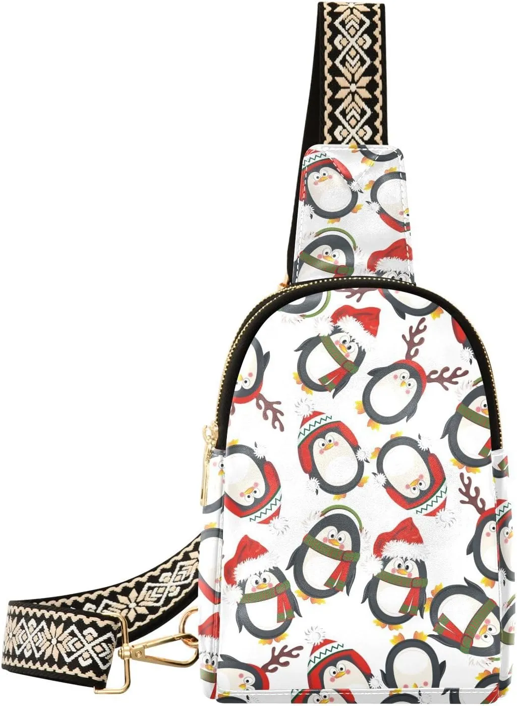 Small Sling Bag Fanny Packs Crossbody Bags for Women Winter Christmas Penguins Pattern Leather Fashion Chest Bag Belt Bag for Women for Travel Sports Running Hiking