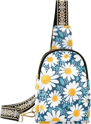 Small Sling Bag for Women Chamomile Flowers PC Leather Fanny Pack Crossbody White Daisy Fashion Waist Packs Chest Bag for Travel Sports Running Hiking