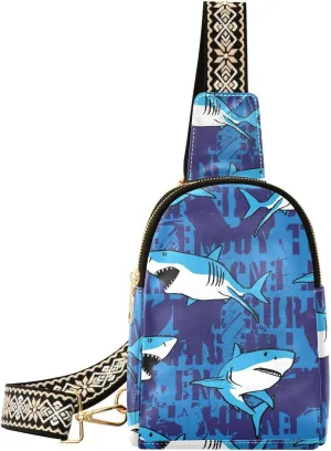 Small Sling Bag for Women Cool Shark PC Leather Fanny Pack Crossbody Blue Fashion Waist Packs Chest Bag for Travel Sports Running Hiking