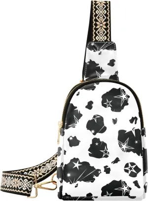 Small Sling Bag for Women Cow Print with Stars PC Leather Fanny Pack Crossbody Fashion Waist Packs Chest Bag for Travel Sports Running Hiking