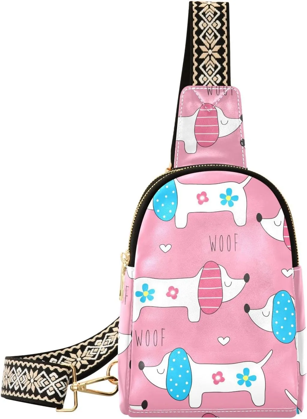 Small Sling Bag for Women Cute Dog Pattern PC Leather Fanny Pack Crossbody Pink Fashion Waist Packs Chest Bag for Travel Sports Running Hiking