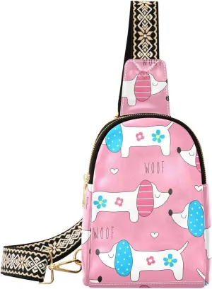 Small Sling Bag for Women Cute Dog Pattern PC Leather Fanny Pack Crossbody Pink Fashion Waist Packs Chest Bag for Travel Sports Running Hiking