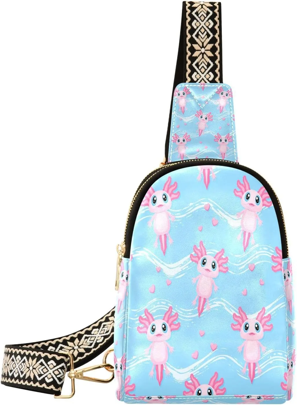 Small Sling Bag for Women Cute Pink Axolotl PC Leather Fanny Pack Crossbody Blue Wave Fashion Waist Packs Chest Bag for Travel Sports Running Hiking