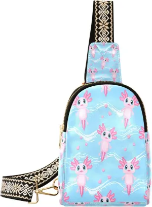 Small Sling Bag for Women Cute Pink Axolotl PC Leather Fanny Pack Crossbody Blue Wave Fashion Waist Packs Chest Bag for Travel Sports Running Hiking