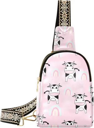 Small Sling Bag for Women Cute with Little Cows PC Leather Fanny Pack Crossbody Pink Fashion Waist Packs Chest Bag for Travel Sports Running Hiking